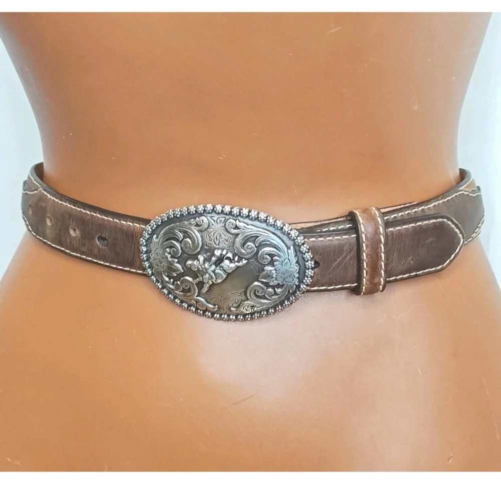 Nocona 4421844 3D Bullriders Silver Buckle Brown Leather Belt Boy Sz 24 23-28